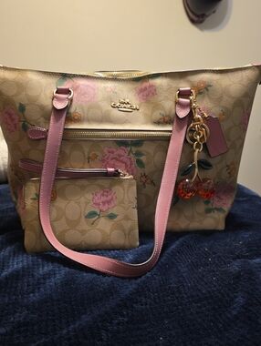Coach Floral Signature Tote with Pink Straps and Cherry Charm